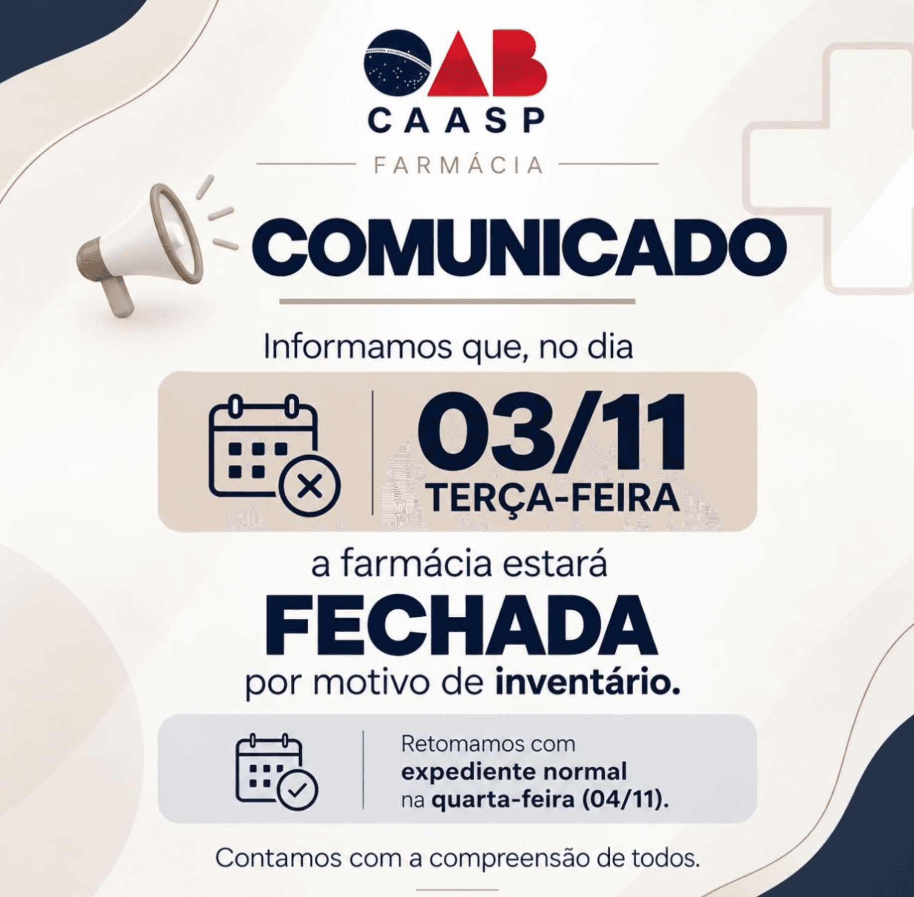 Comunicado: Farmácia fechada por motivo de Inventário